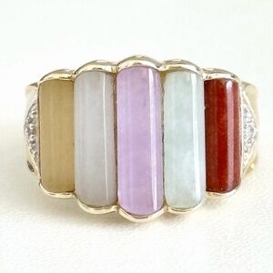 14K Yellow Gold Multi Color Jade Graduated Pillar Diamond Accent Ring Size 7